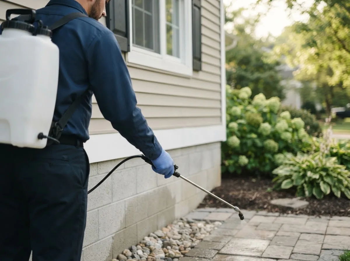Pest control technician inspecting a home in Tama, IA
